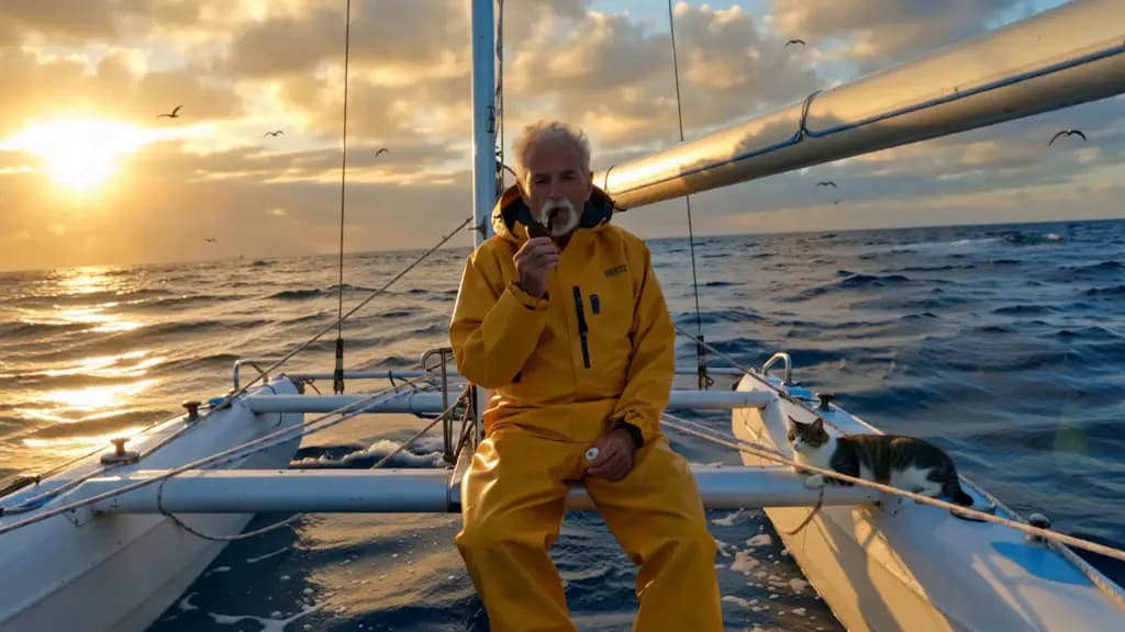 Elderly sailor in yellow raincoat on catamaran at sunset — source image for AI image to video conversion