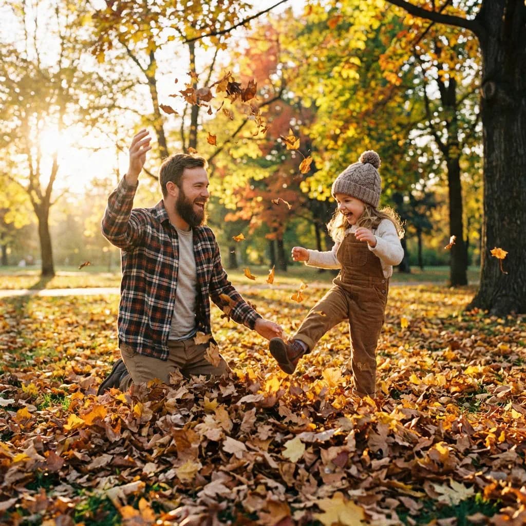 Father and daughter playing in autumn leaves - result 1