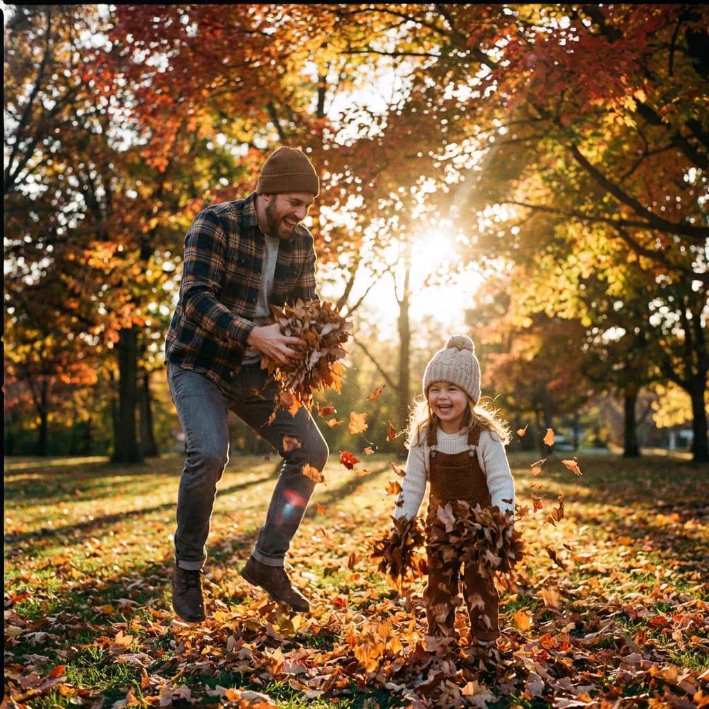 Father and daughter playing in autumn leaves - result 2