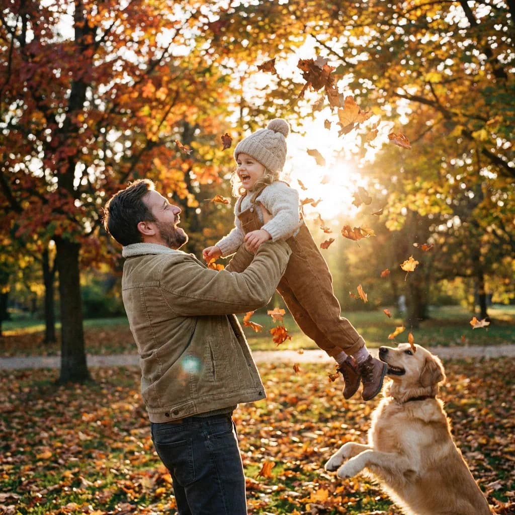 Father and daughter playing in autumn leaves - result 3